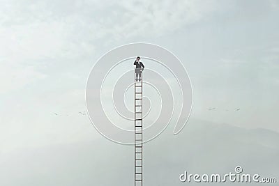 Traveler man observes nature with his spyglass at the top of a very high scale Stock Photo