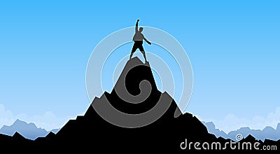 Traveler Man Silhouette Stand Top Mountain Rock Peak Climber Vector Illustration