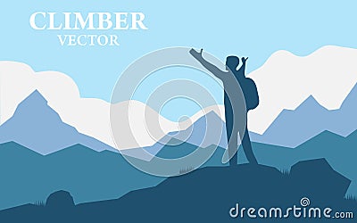 Traveler Man Silhouette Stand Top Mountain Rock Peak Climber. Vector illustration of a mountain landscape with realistic silhouett Cartoon Illustration