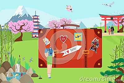 traveler man tourist in japanese town, asia people tourism vector, asian japan vector Vector Illustration