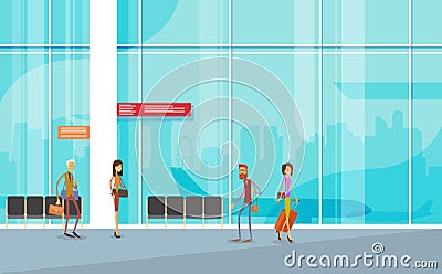 Traveler People Airport Hall Departure Terminal Travel Baggage, Passenger Check In Luggage Vector Illustration