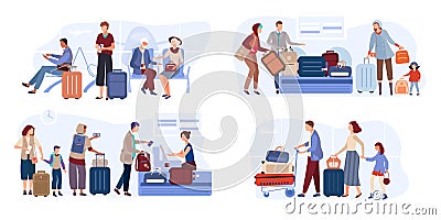 Traveler people in airport lounge with tickets, suitcase on hand drawn airline vector illustration Vector Illustration