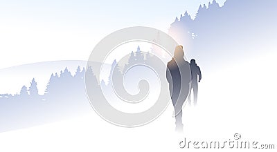 Traveler People Group Silhouette Hiking Mountain Winter Forest Nature Background Vector Illustration