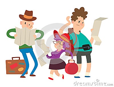 Traveler people searching right direction on map vector traveling freedom and active character lifestyle concept Vector Illustration