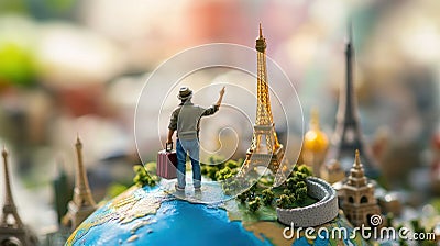 Traveler Positioned on Globe Pointing Towards Iconic Eiffel Tower Stock Photo