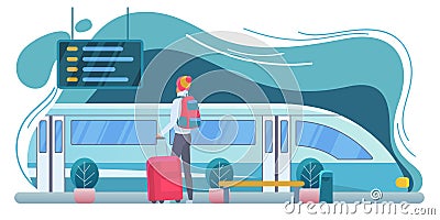 Traveler at railway station flat vector illustration Vector Illustration