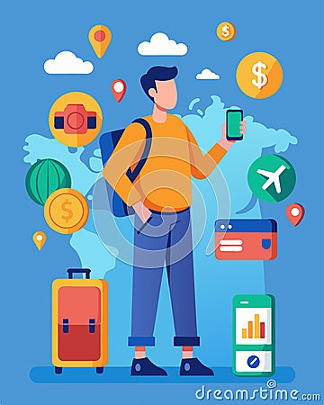 A traveler relies on digital payments to keep track of currency conversions and spending while exploring different Vector Illustration
