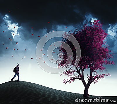 Running to a red tree Stock Photo