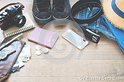 Traveler`s accessories, Essential vacation items of young man with passport Stock Photo