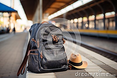 Traveler's kit at the train station backpack, hat, map, sunglasses, earphone, smartphone Stock Photo