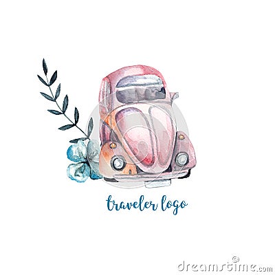 Traveler`s logo on white isolated background. Beautiful watercolor illustration Cartoon Illustration