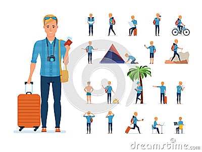 Traveler in situations: gathering, searching for route, bathing, rest, hiking. Vector Illustration