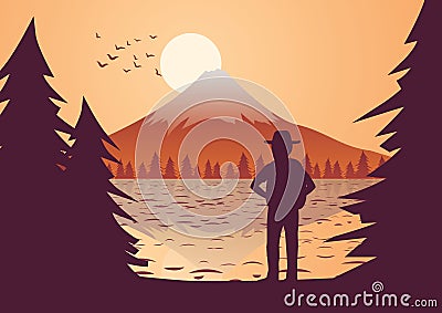 Traveler stand to look at Fuji Mount at sunset around with tree Vector Illustration