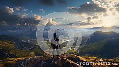 A traveler standing on a cliff overlooking the valley and mountains Stock Photo
