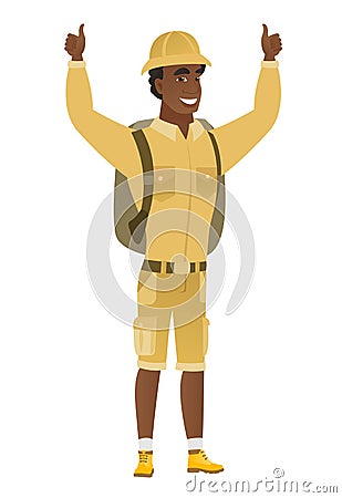 Traveler standing with raised arms up. Vector Illustration