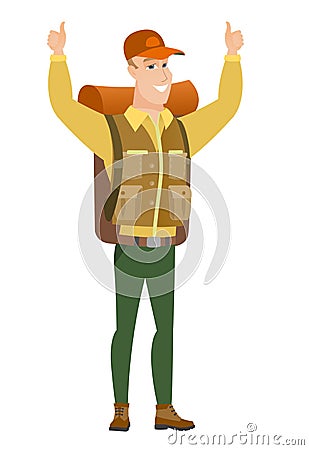 Traveler standing with raised arms up. Vector Illustration