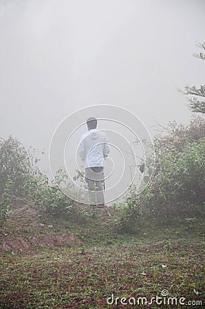 Traveler thai man standing alone in morning time at Ban Bo Kluea village Stock Photo