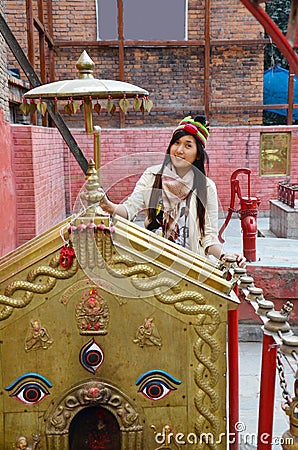 Traveler Thai woman with Wisdom Eyes at Nepal Stock Photo