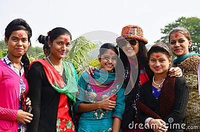 Traveler Thai women take photo with nepalese girl Editorial Stock Photo