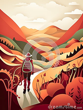 traveler travel in Sunset Mountain Paper cut style for travel concept, Banner and Poster, Generative Ai Stock Photo