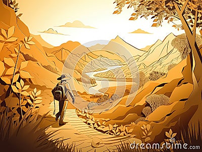 traveler travel in Sunset Mountain Paper cut style for travel concept, Banner and Poster,. Stock Photo