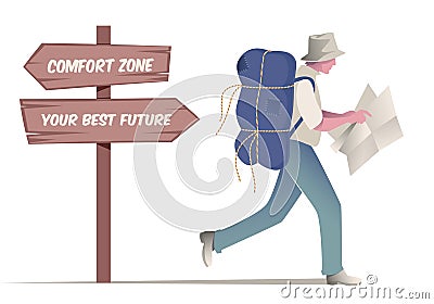 Traveler walking with hat and backpack looking at a map. Wooden sign post with motivational message. Stock Photo