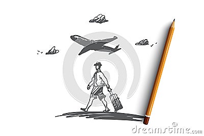 Traveler, walking, suitcase, airport concept. Hand drawn isolated vector. Vector Illustration