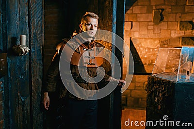 Traveler wandering the maze in the temple dungeon Stock Photo