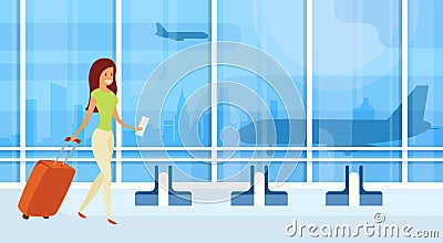 Traveler Woman Airport Hall Departure Terminal Travel Baggage Suitcase, Passenger With Luggage Vector Illustration