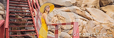 Traveler woman joy fun relaxing on wood bridge looking beautiful destination island. Tourism natural scenic landscape Stock Photo