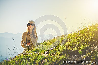 Traveler Woman mountaineering Travel Lifestyle concept Summer journey Stock Photo