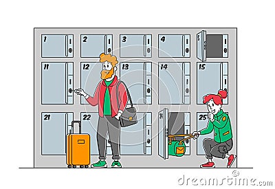 Travelers with Bags Use Luggage Storage Service Put Bags into Numbered Lockers with Keys in Airport or Supermarket Vector Illustration