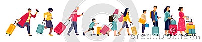 Travelers group. Tourists in line baggage and suitcases, men women and children in airport queue Vector Illustration