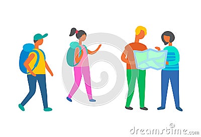 Travelers Group Walking with Map, Backpackers Vector Illustration