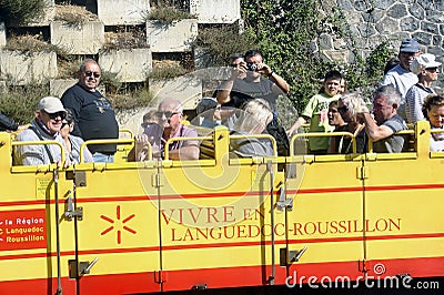 The travelers of the little yellow train of the Pyrenees Editorial Stock Photo
