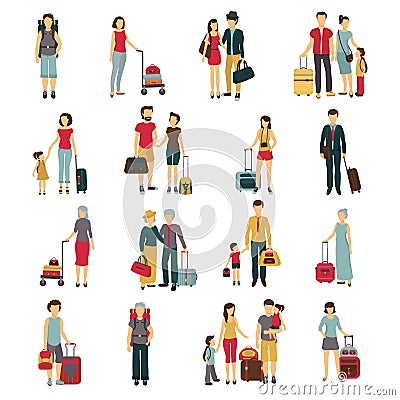 Travelers With Luggage Flat Icons Collection Vector Illustration