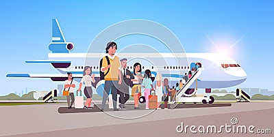 Travelers with luggage standing line queue going to plane passengers climbing the ladder to board aircraft boarding Vector Illustration