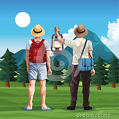 Travelers men in nature landscape with mountains and trees, colorful design Vector Illustration