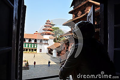 Travelers thai women photographer travel visit and take photo ancient nepalese architecture and antique Nasal Chok Hanuman Dhoka Stock Photo