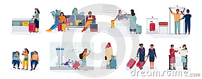 Travelers and tourists. Men and women in airport at check-in, sitting in airplane waiting hall and reclaim area. Vector Vector Illustration