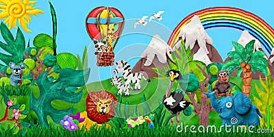 Traveling by air balloon Zoo animals 3D rendering children banner illustration Cartoon Illustration