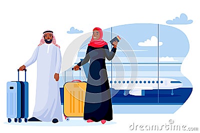 Traveling arab man and woman with luggage. Arabic muslim young couple at airport terminal. Vector cartoon illustration Vector Illustration