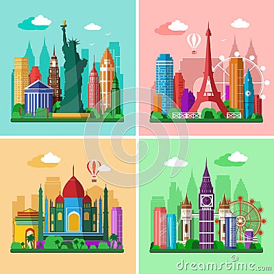 Traveling around the world. Cities skylines set. Flat landscapes of London, Paris, New York and Delhi with landmarks Vector Illustration