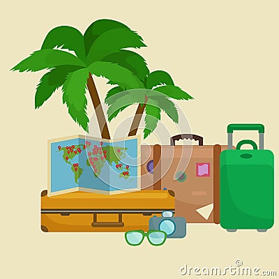 Traveling bag suitcase for trip or vocation, tourism icon baggage for voyage, vector illustration. Summer vocations Vector Illustration