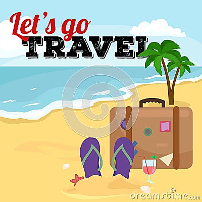 Traveling bag suitcase for trip or vocation, tourism icon baggage for voyage, vector illustration. Summer vocations Vector Illustration