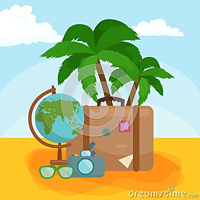 Traveling bag suitcase for trip or vocation, tourism icon baggage for voyage, vector illustration. Summer vocations Vector Illustration