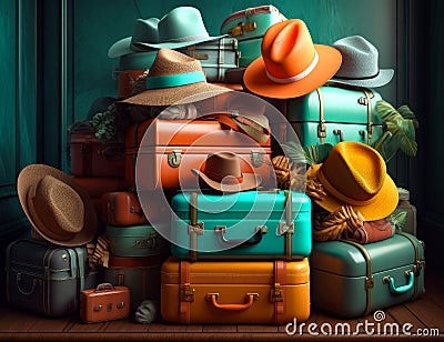 Traveling baggage summer illustration. Vacational colorful bags. generative ai Cartoon Illustration