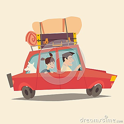 Traveling by car. Father driving car. Happy family summer vacations. Tourism, cartoon character family Vector Illustration