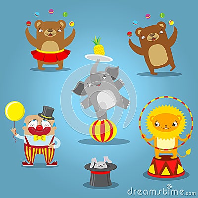 Traveling circus cartoon icons collection wild animals performance isolated vector illustration. Cartoon Illustration