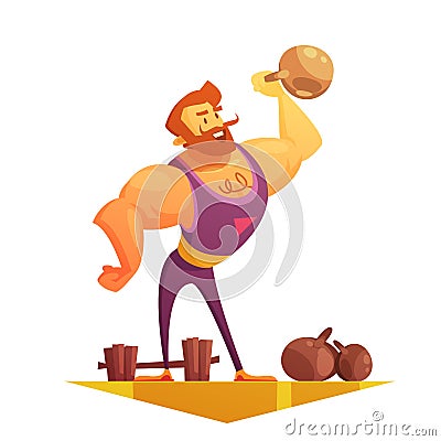 Traveling Circus Strongman Cartoon Retro Icon Vector Illustration